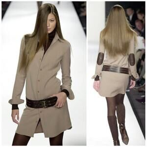 Vintage Ralph Lauren Collection Runway Button Up Midi Shirt Dress Patch Leather